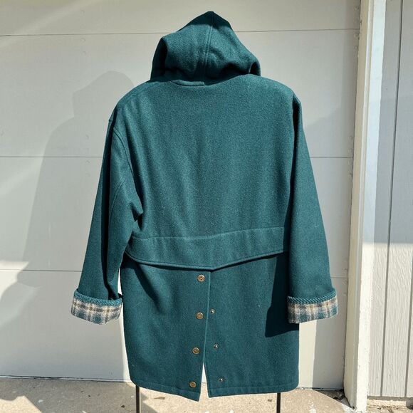 Vintage 80s Herman Kay Forest Green Plaid Hooded Wool Winter Coat, SZ 8 - Picture 4 of 10